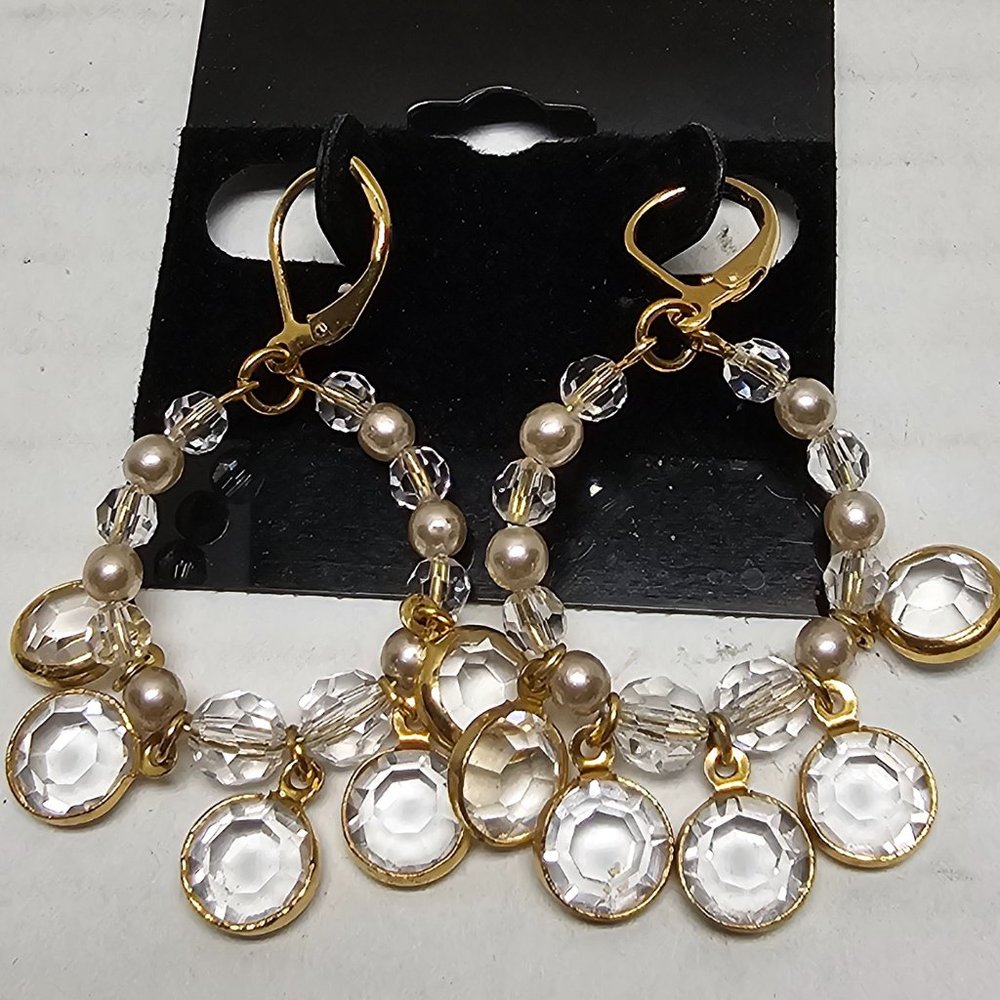 Aurora Borealis Austrian Swarovski Clear Hoop Bezel Drop Gold Tone Earrings
